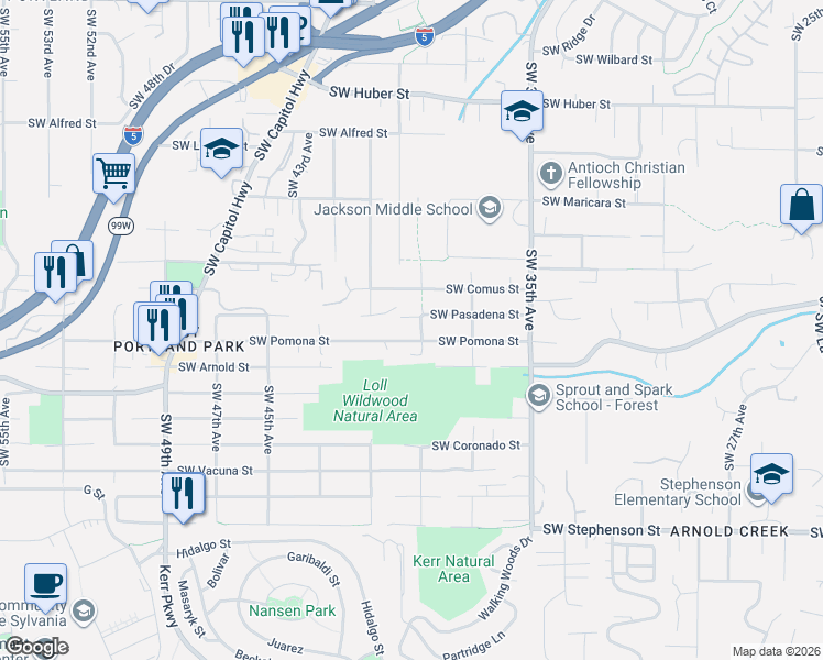 map of restaurants, bars, coffee shops, grocery stores, and more near 3915 Southwest Pomona Street in Portland