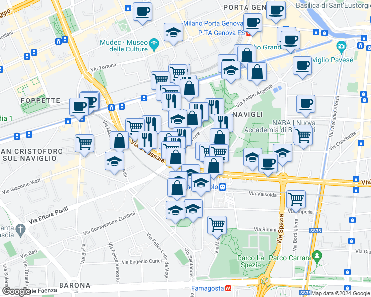 map of restaurants, bars, coffee shops, grocery stores, and more near 39 Via Carlo Torre in Milano
