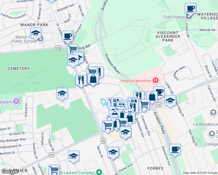 map of restaurants, bars, coffee shops, grocery stores, and more near 250 Brittany Drive in Ottawa