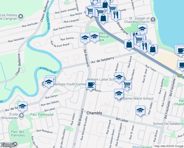 map of restaurants, bars, coffee shops, grocery stores, and more near 1019 Boulevard Brassard in Chambly