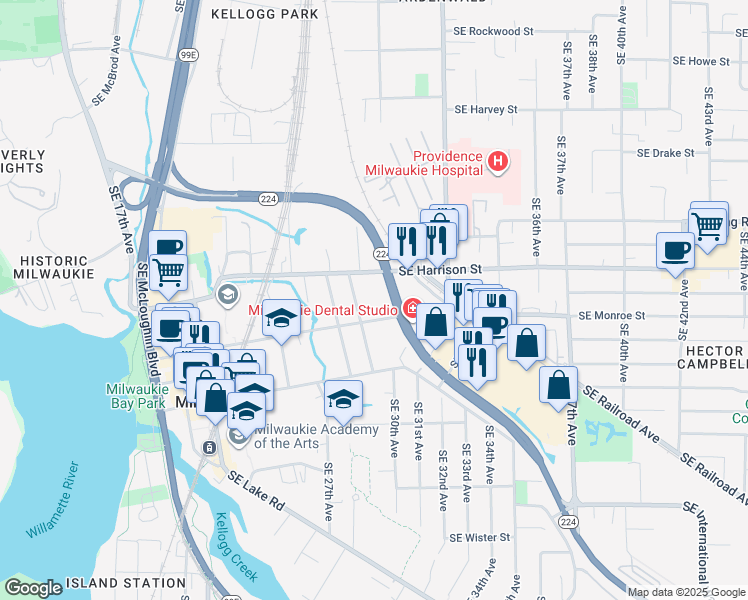 map of restaurants, bars, coffee shops, grocery stores, and more near 2959 Southeast Monroe Street in Milwaukie