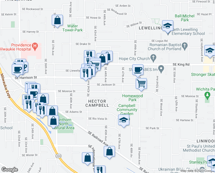 map of restaurants, bars, coffee shops, grocery stores, and more near 4414 Southeast Jackson Street in Milwaukie
