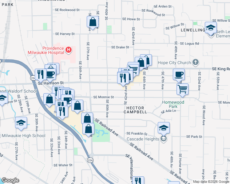 map of restaurants, bars, coffee shops, grocery stores, and more near 4050 Southeast Jackson Street in Milwaukie