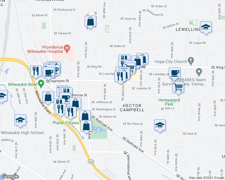 map of restaurants, bars, coffee shops, grocery stores, and more near 4050 Southeast Jackson Street in Milwaukie