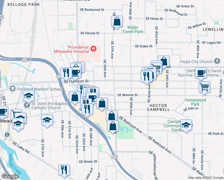 map of restaurants, bars, coffee shops, grocery stores, and more near 10695 Southeast 37th Avenue in Milwaukie
