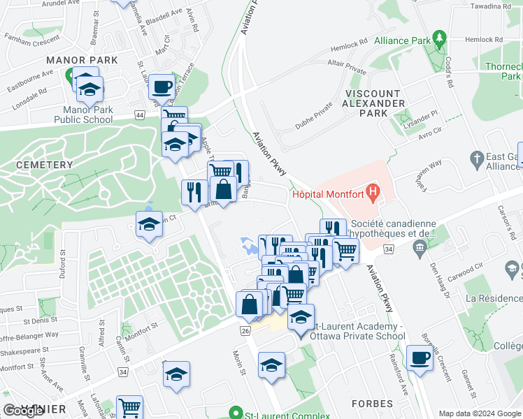 map of restaurants, bars, coffee shops, grocery stores, and more near in Ottawa