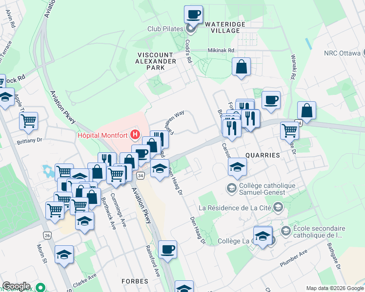 map of restaurants, bars, coffee shops, grocery stores, and more near 799 Montréal Road in Ottawa