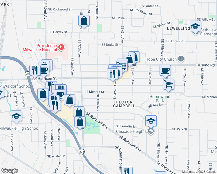 map of restaurants, bars, coffee shops, grocery stores, and more near 4116 Southeast Jackson Street in Milwaukie