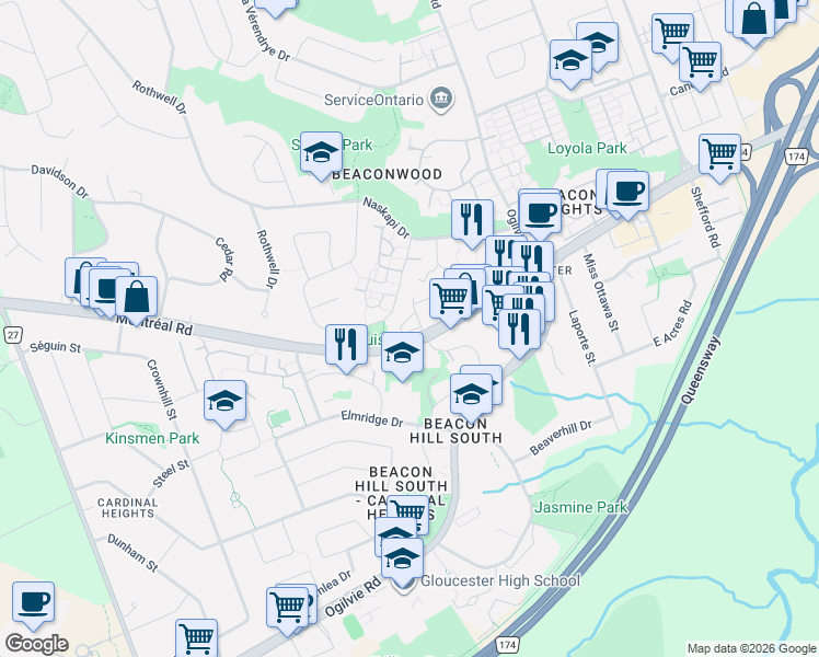 map of restaurants, bars, coffee shops, grocery stores, and more near 1150 Gablefield Private in Ottawa