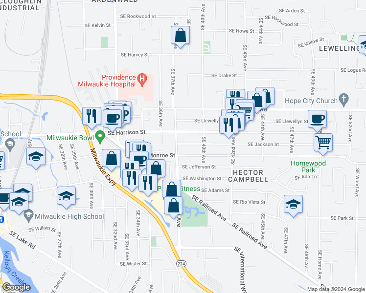 map of restaurants, bars, coffee shops, grocery stores, and more near 3819 Southeast Monroe Street in Milwaukie