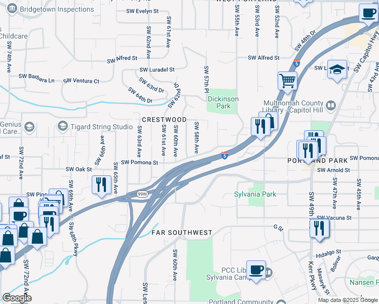 map of restaurants, bars, coffee shops, grocery stores, and more near 11022 Southwest 59th Avenue in Portland