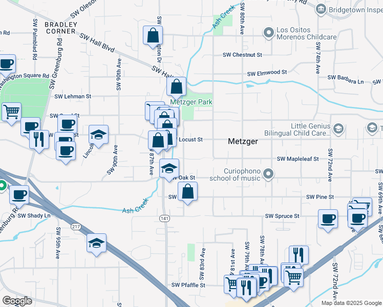 map of restaurants, bars, coffee shops, grocery stores, and more near 8405 Southwest Mapleleaf Street in Tigard