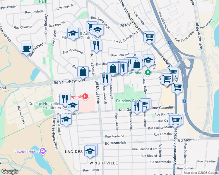 map of restaurants, bars, coffee shops, grocery stores, and more near 41 Rue Montpetit in Gatineau