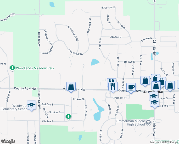 map of restaurants, bars, coffee shops, grocery stores, and more near 13229 Fremont Avenue in Zimmerman