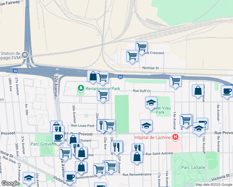 map of restaurants, bars, coffee shops, grocery stores, and more near 2357 Duff Court Street in Montreal