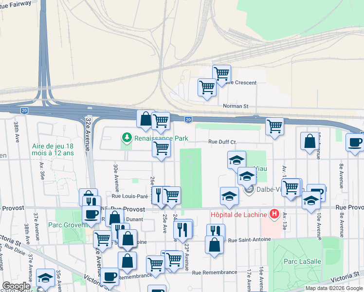 map of restaurants, bars, coffee shops, grocery stores, and more near 2357 Rue Duff Court in Montréal