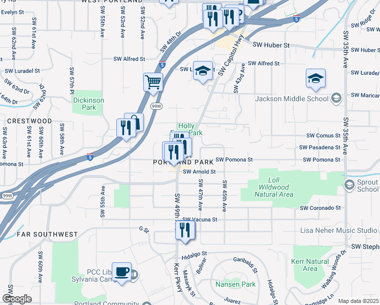 map of restaurants, bars, coffee shops, grocery stores, and more near 4717 Southwest Pomona Street in Portland