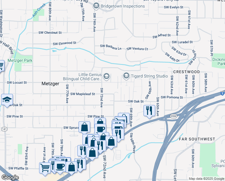 map of restaurants, bars, coffee shops, grocery stores, and more near 7017 Southwest Mapleleaf Street in Tigard