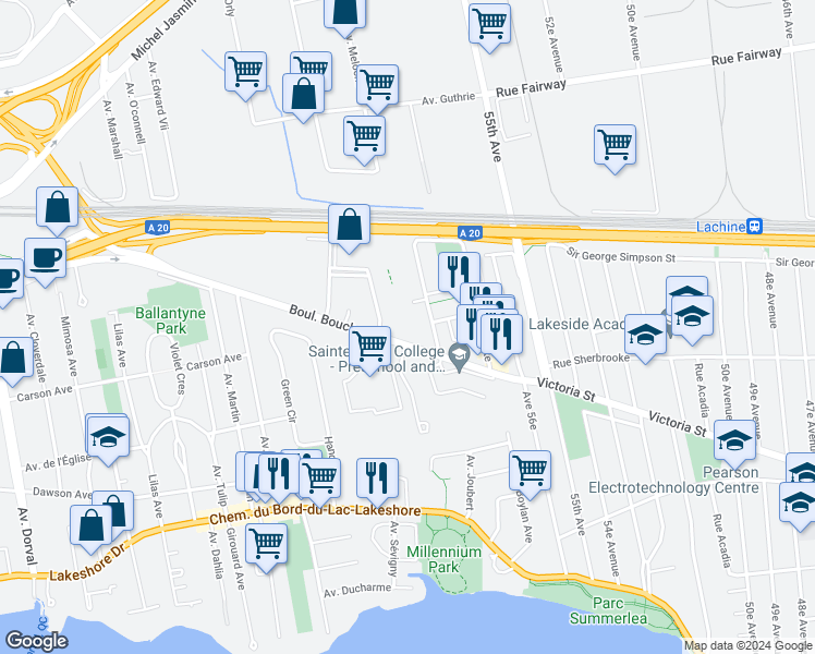 map of restaurants, bars, coffee shops, grocery stores, and more near 145 Boulevard Bouchard in Dorval