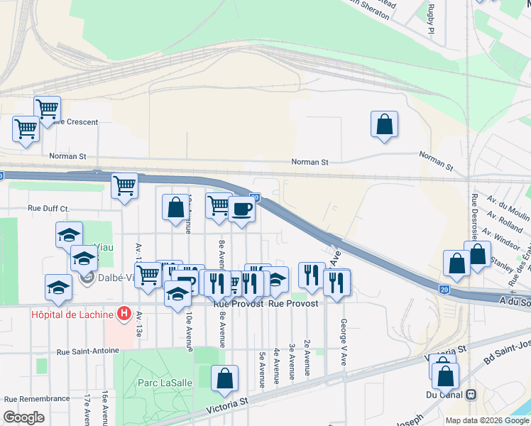 map of restaurants, bars, coffee shops, grocery stores, and more near 880 5e Avenue in Montréal