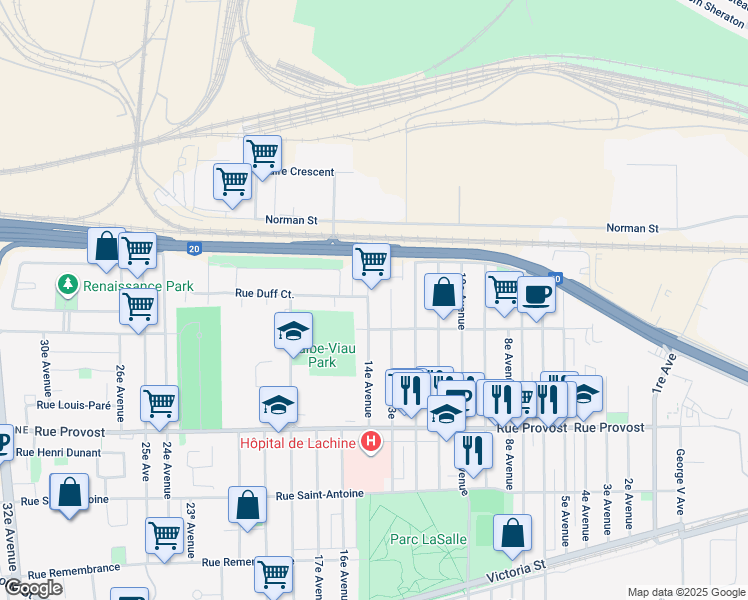 map of restaurants, bars, coffee shops, grocery stores, and more near 880 14e Avenue in Montréal