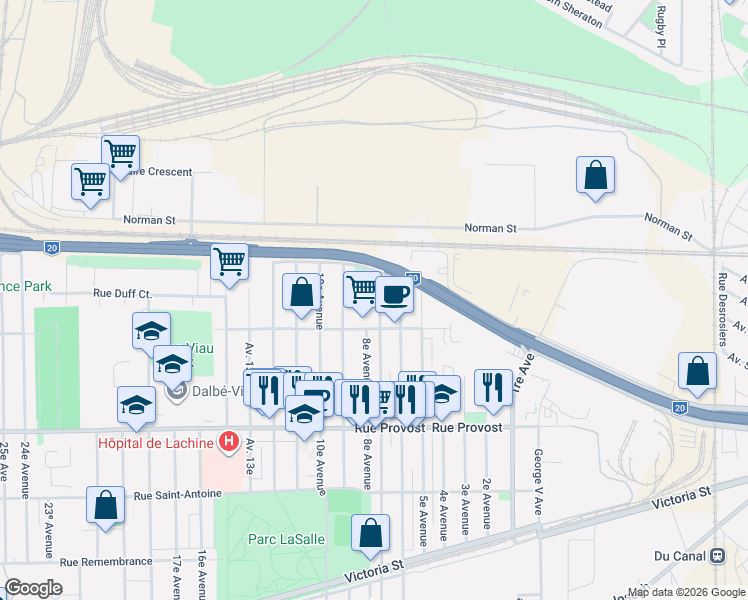 map of restaurants, bars, coffee shops, grocery stores, and more near 907 7e Avenue in Montréal