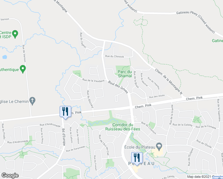 map of restaurants, bars, coffee shops, grocery stores, and more near 629 Boulevard des Grives in Gatineau