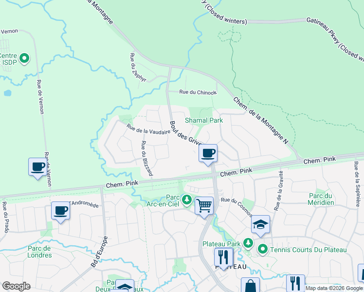 map of restaurants, bars, coffee shops, grocery stores, and more near 629 Boulevard des Grives in Gatineau