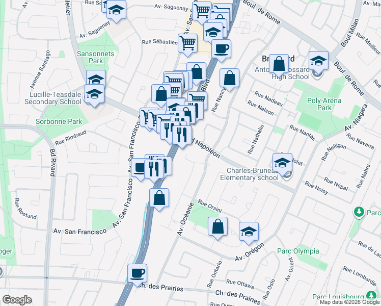 map of restaurants, bars, coffee shops, grocery stores, and more near 8190 Rue Ouimet in Brossard