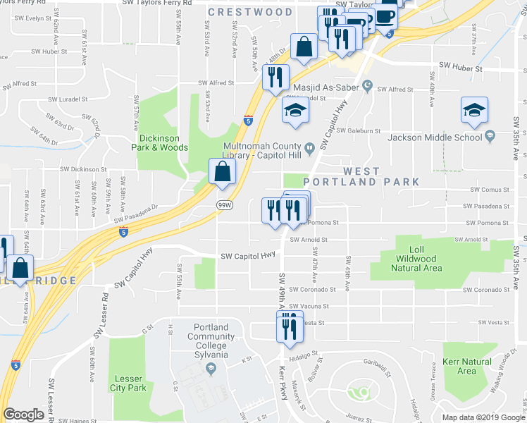 map of restaurants, bars, coffee shops, grocery stores, and more near 5006 Southwest Pasadena Street in Portland