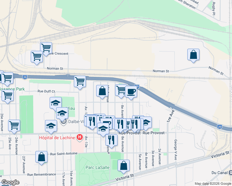 map of restaurants, bars, coffee shops, grocery stores, and more near 888 9e Avenue in Montréal