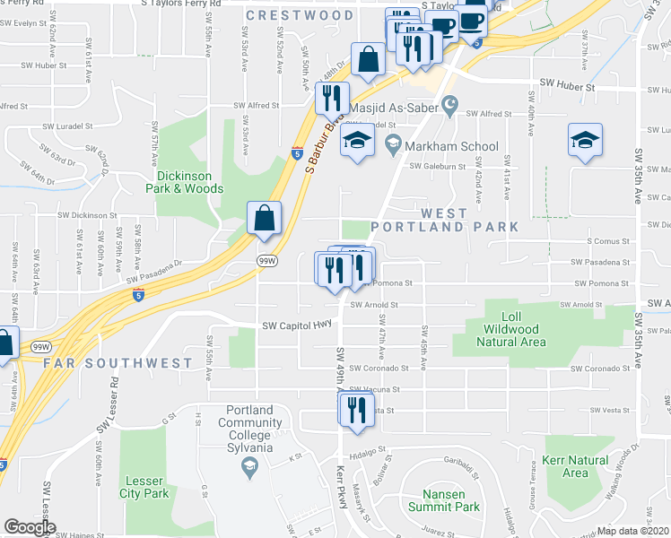 map of restaurants, bars, coffee shops, grocery stores, and more near 4908 Southwest Pasadena Street in Portland