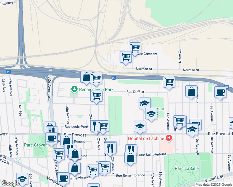 map of restaurants, bars, coffee shops, grocery stores, and more near 2315 Rue Duff Court in Montréal