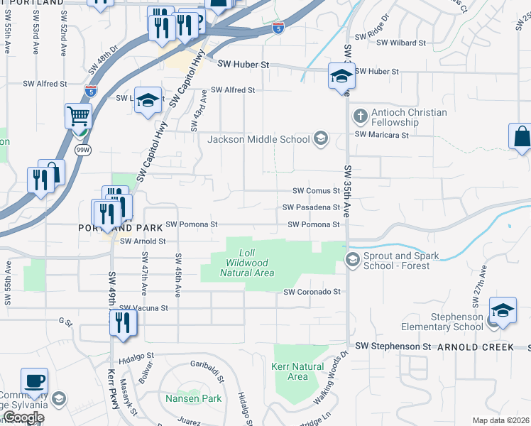 map of restaurants, bars, coffee shops, grocery stores, and more near 3924 Southwest Pasadena Street in Portland