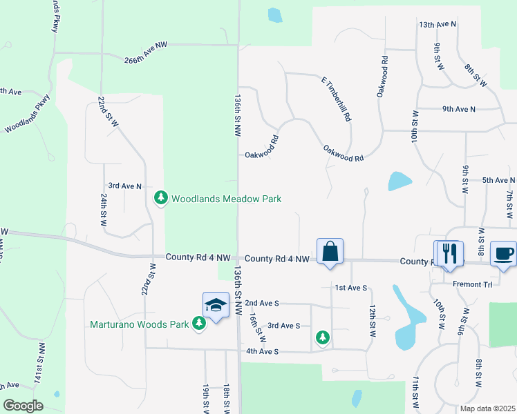 map of restaurants, bars, coffee shops, grocery stores, and more near 26237 136th Street Northwest in Zimmerman
