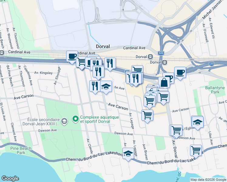 map of restaurants, bars, coffee shops, grocery stores, and more near 370 Avenue Roy in Dorval