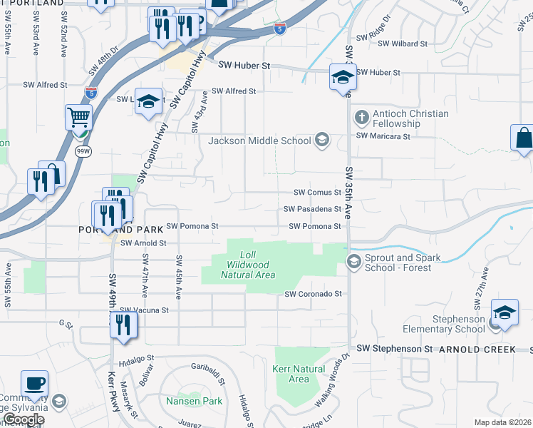 map of restaurants, bars, coffee shops, grocery stores, and more near 3924 Southwest Pasadena Street in Portland
