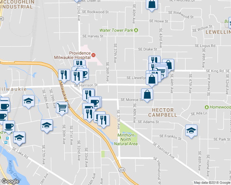 map of restaurants, bars, coffee shops, grocery stores, and more near 10695 Southeast 37th Avenue in Milwaukie