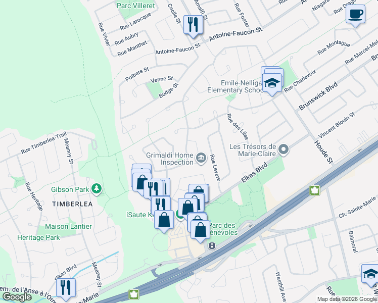 map of restaurants, bars, coffee shops, grocery stores, and more near 56 Rue du Château-Kirkland in Kirkland