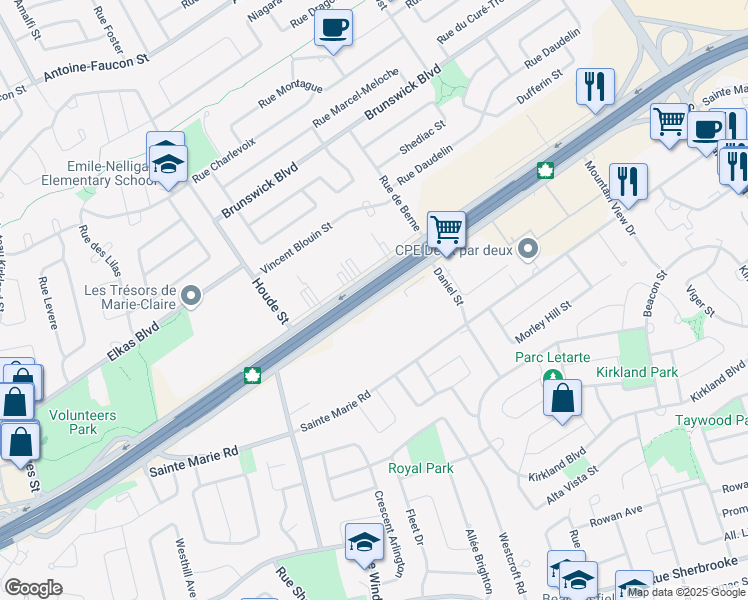 map of restaurants, bars, coffee shops, grocery stores, and more near 17550 Autoroute Transcanadienne in Kirkland