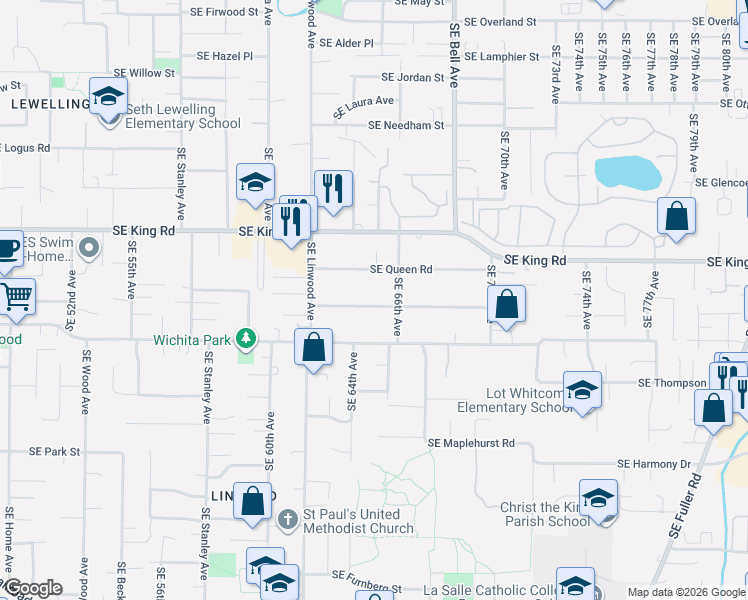 map of restaurants, bars, coffee shops, grocery stores, and more near 6504 Southeast Jack Street in Milwaukie