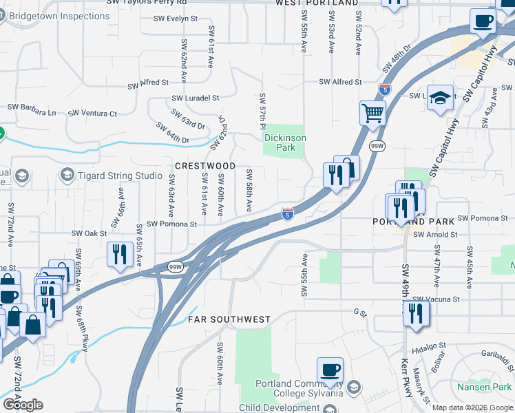 map of restaurants, bars, coffee shops, grocery stores, and more near 5741 Southwest Pasadena Drive in Portland