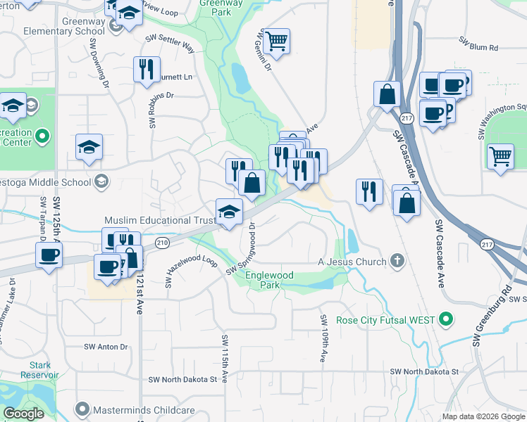 map of restaurants, bars, coffee shops, grocery stores, and more near 10940 Southwest Springwood Drive in Tigard