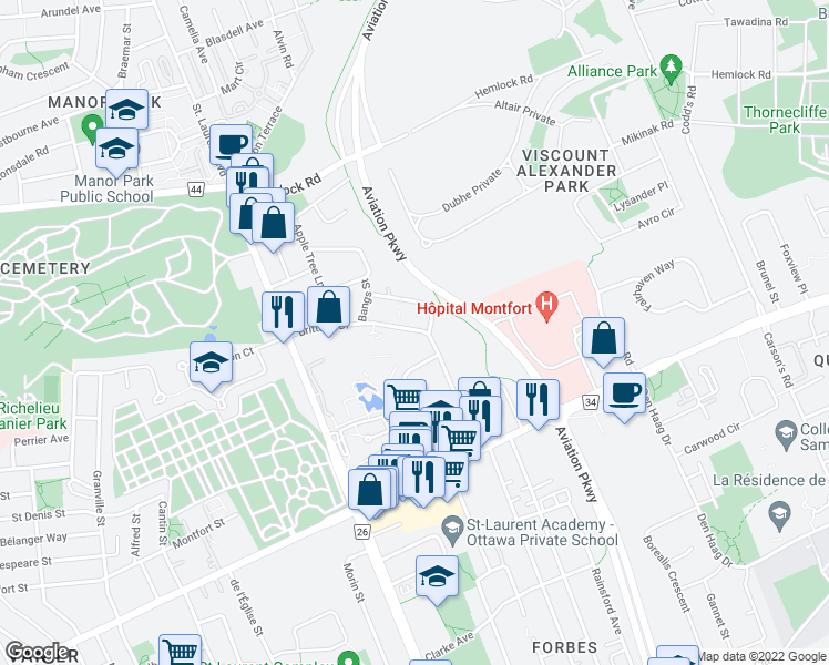 map of restaurants, bars, coffee shops, grocery stores, and more near 260 Brittany Drive in Ottawa