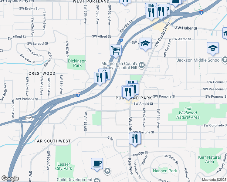 map of restaurants, bars, coffee shops, grocery stores, and more near 11007 Southwest 51st Avenue in Portland