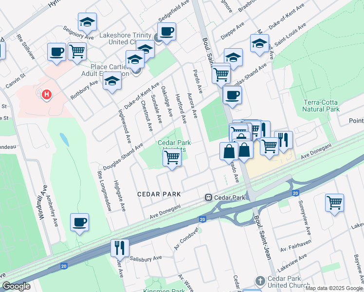 map of restaurants, bars, coffee shops, grocery stores, and more near 12 Avenue Robinsdale in Pointe-Claire
