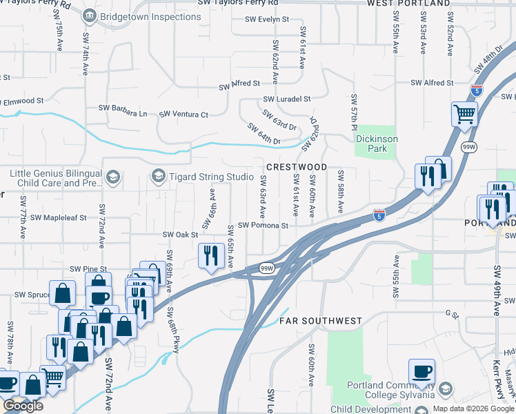 map of restaurants, bars, coffee shops, grocery stores, and more near 11003 Southwest 63rd Avenue in Portland