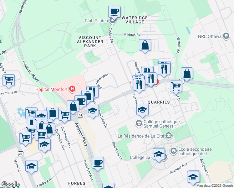 map of restaurants, bars, coffee shops, grocery stores, and more near 840 Ottawa 34 in Ottawa
