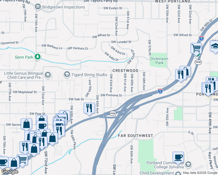 map of restaurants, bars, coffee shops, grocery stores, and more near 11003 Southwest 63rd Avenue in Portland