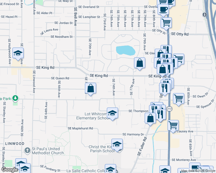 map of restaurants, bars, coffee shops, grocery stores, and more near 7360 Southeast Imperial Court in Milwaukie
